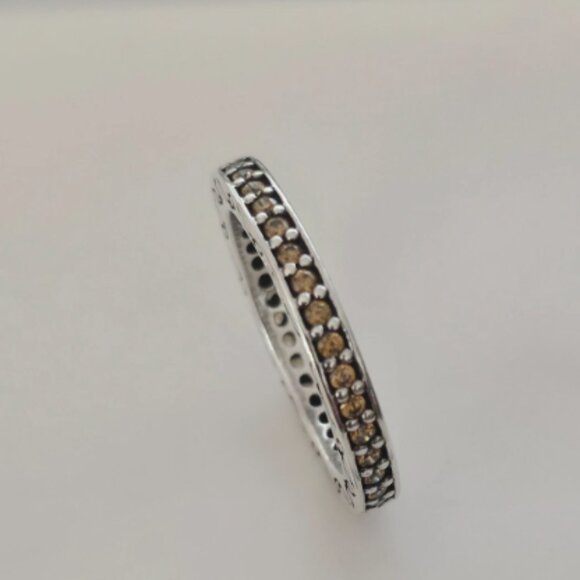 Auth PANDORA Sterling Silver RETIRED Eternity Ring Amber Zirconia - 190618CZM-54 - Picture 1 of 9